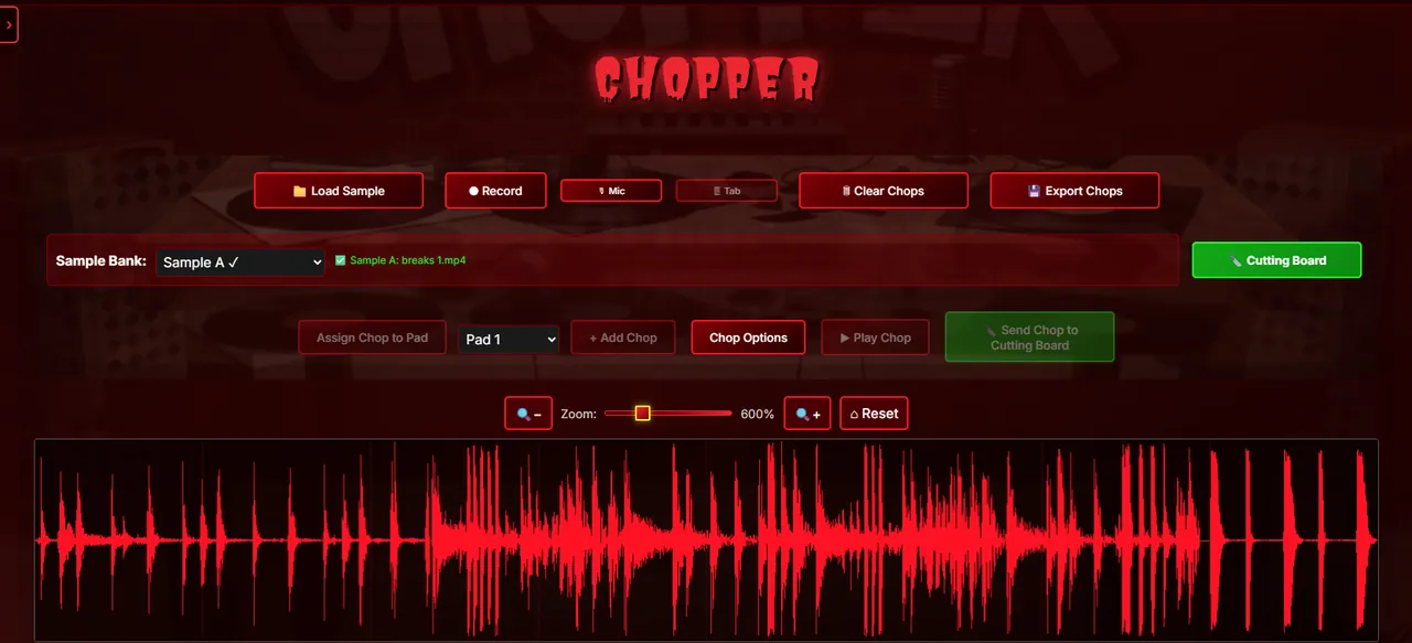 Chopper view with red waveform, slice markers, and chop-to-pad controls.