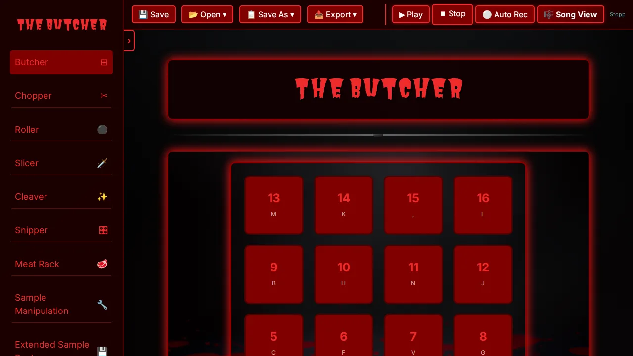 The Butcher workspace with classic red pads, toolbar, and step sequencer.
