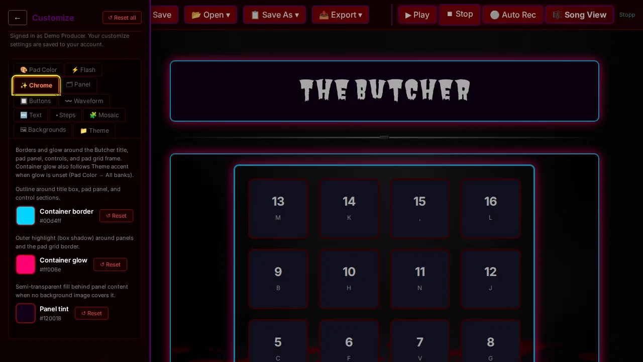 Customize Chrome tab for container border, glow, and panel colors.