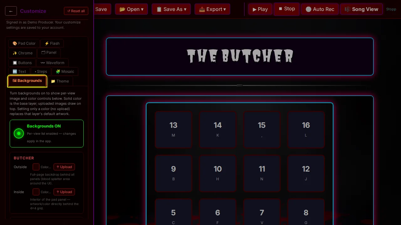 Customize Backgrounds tab showing Butcher outside and inside background layers.
