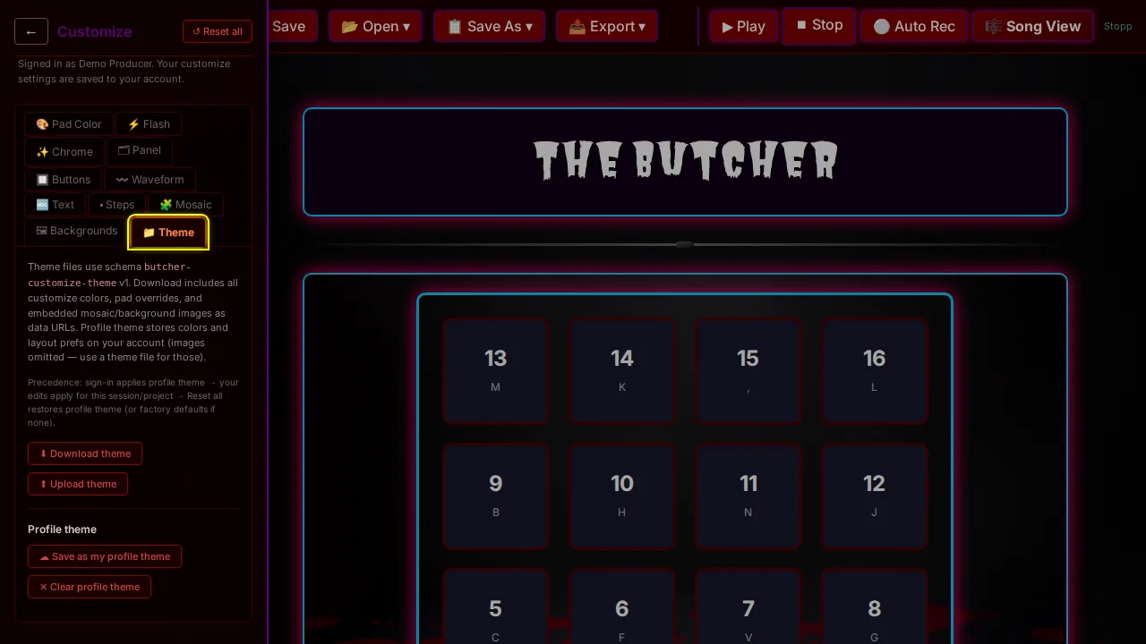 Customize Theme tab with download, upload, and profile theme actions.