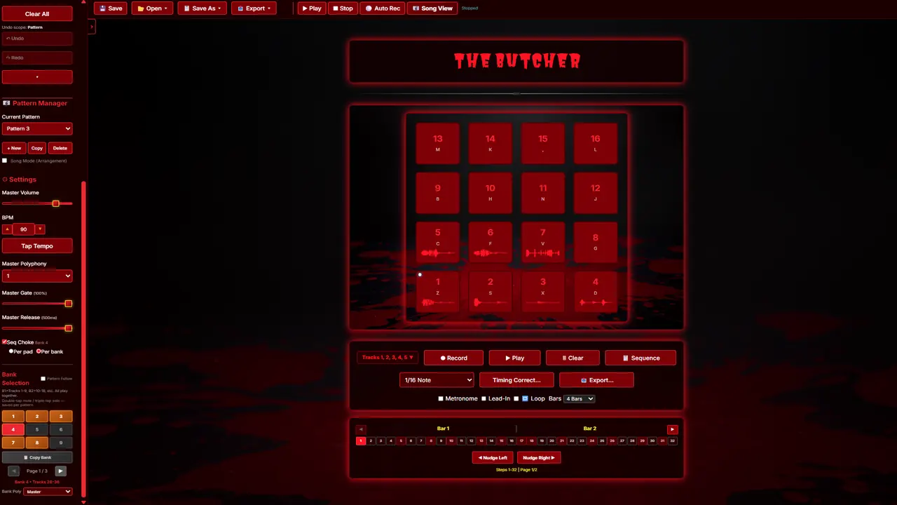 The Butcher Pro app showing toolbar with Save, Open, Export, Play, sidebar controls, pad grid, and step sequencer.