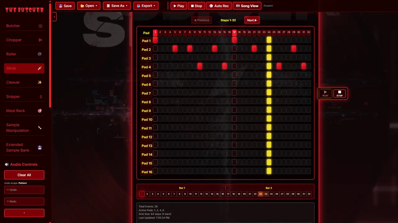 Slicer step sequencer with 16 pads, active steps, and playback position.