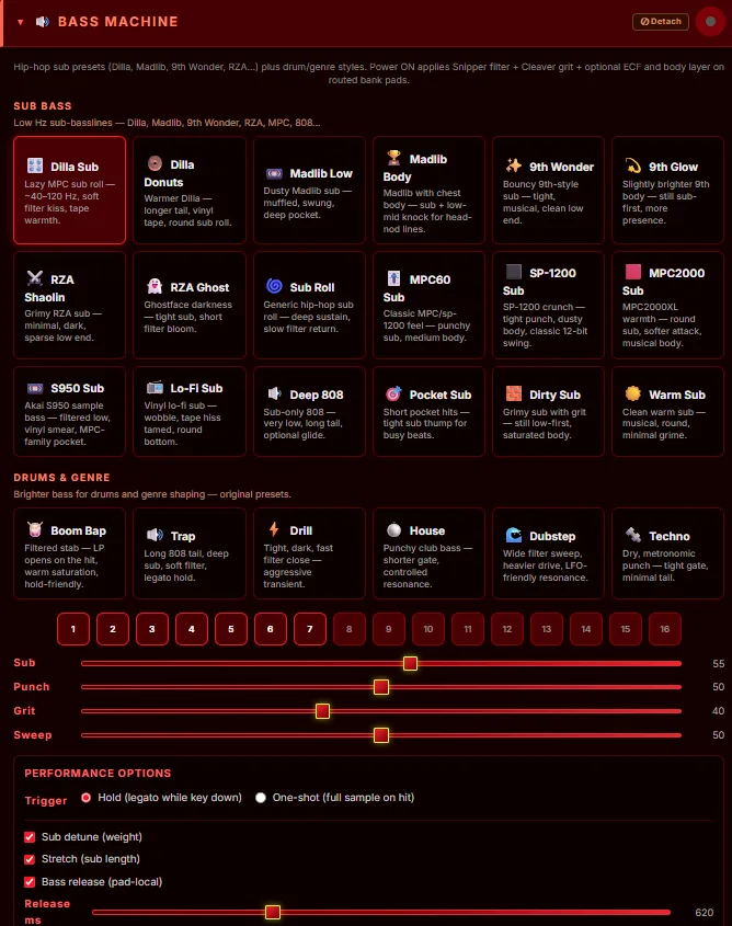 Snipper Bass Machine presets for sub bass and genre styles with performance controls.